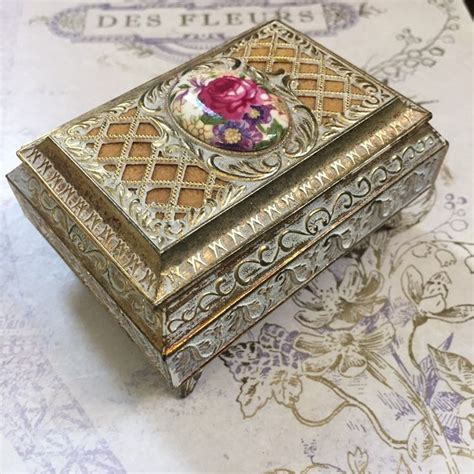 antique metal trinket box with lid ornate border|Vintage Metal Jewelry Trinket Box for sale .